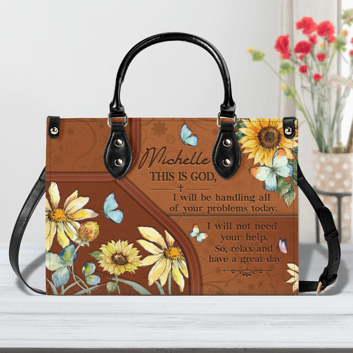 Personalized Floral Butterfly Christian Leather Handbag For Women - Religious Leather Bag For Women