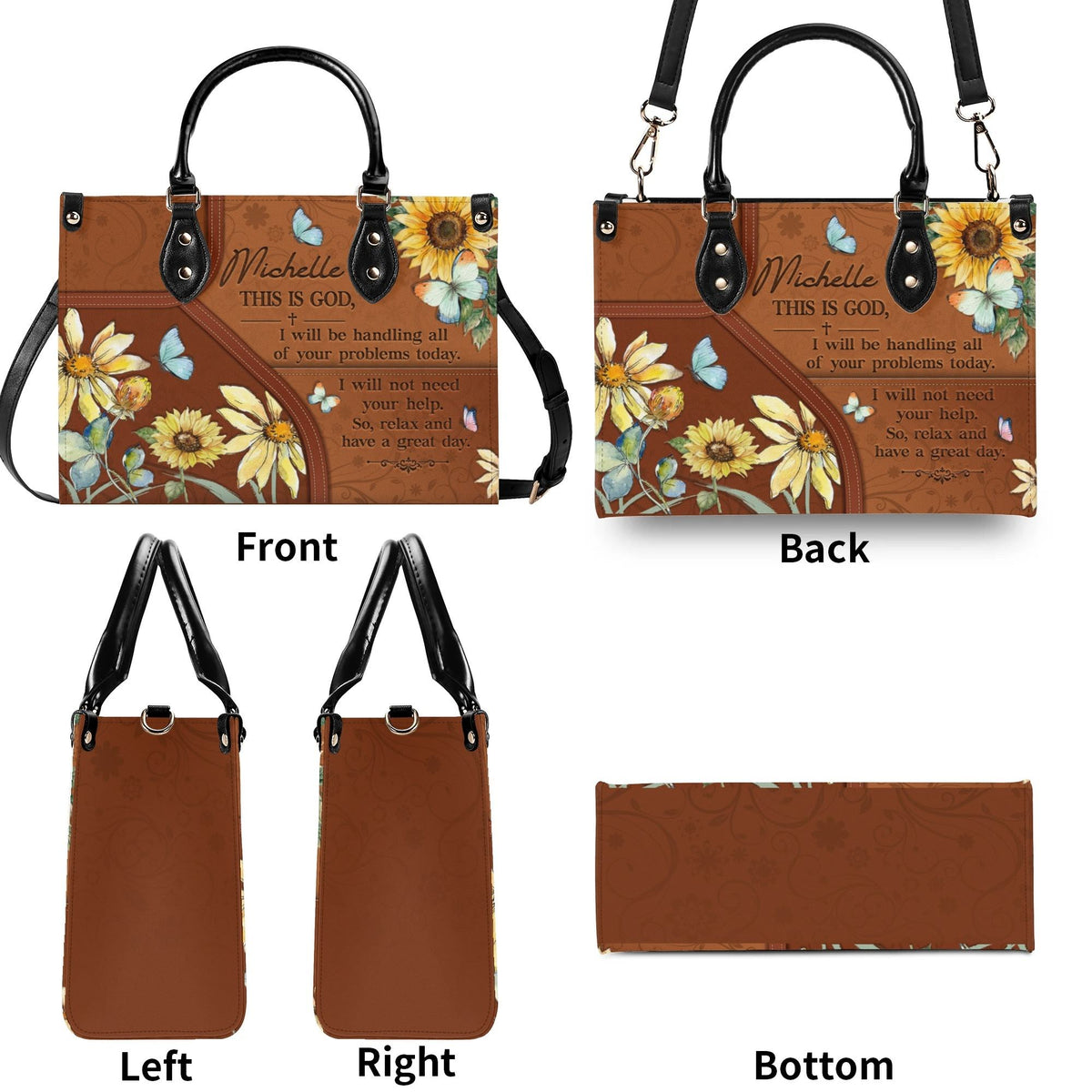 Personalized Floral Butterfly Christian Leather Handbag For Women - Religious Leather Bag For Women