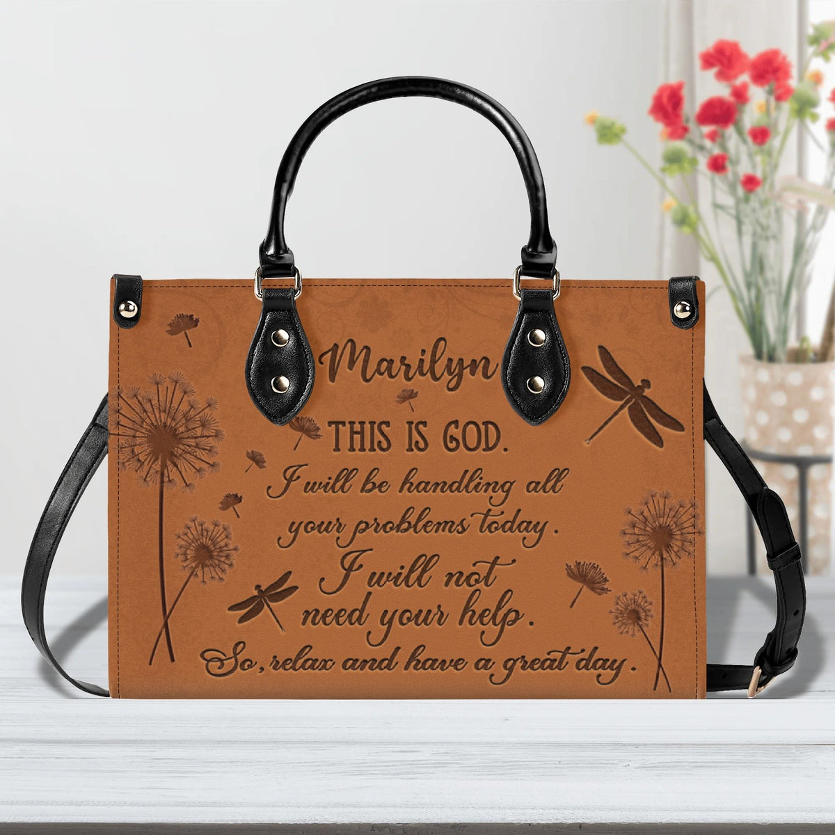 Personalized Dandelion Dragonfly Christian Leather Handbag For Women - Religious Leather Bag For Women