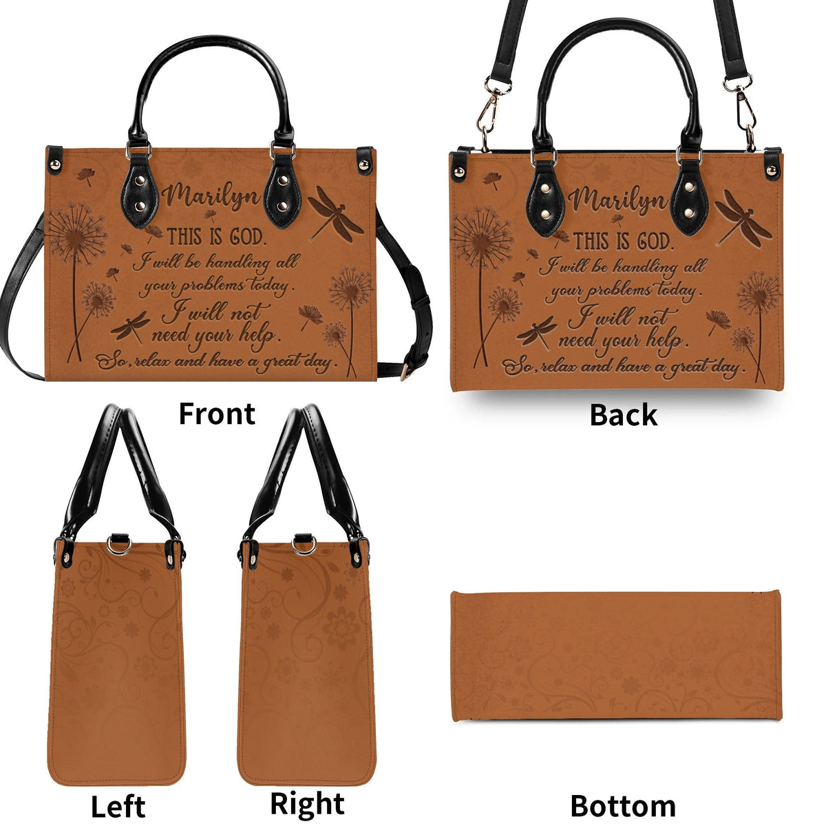 Personalized Dandelion Dragonfly Christian Leather Handbag For Women - Religious Leather Bag For Women