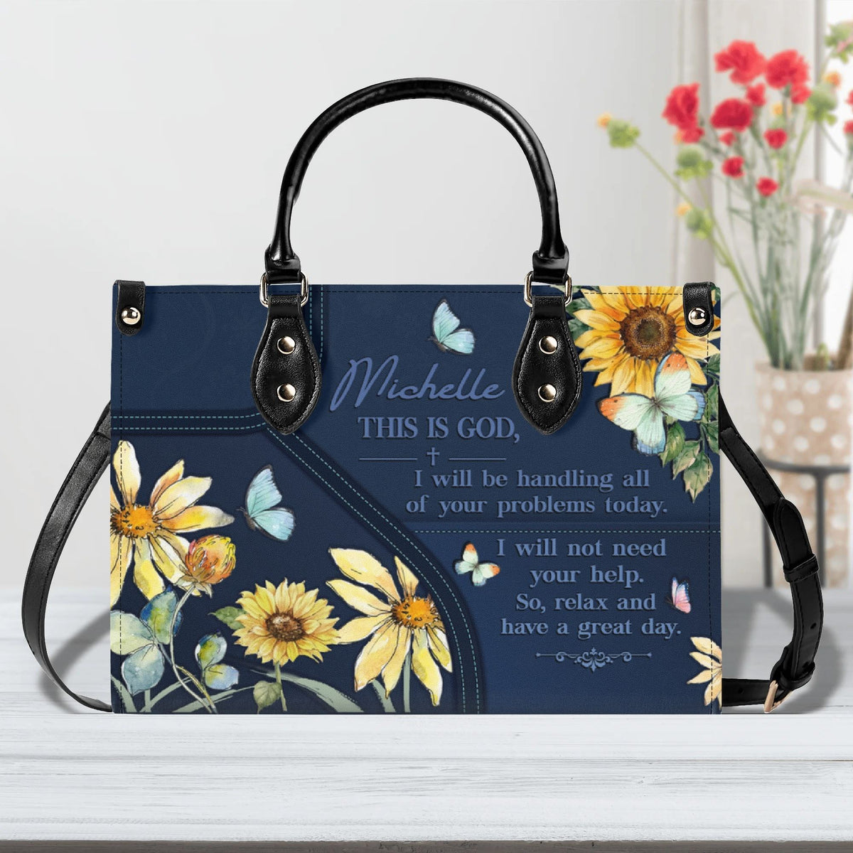 Personalized Floral Butterfly Christian Leather Handbag For Women - Religious Leather Bag For Women