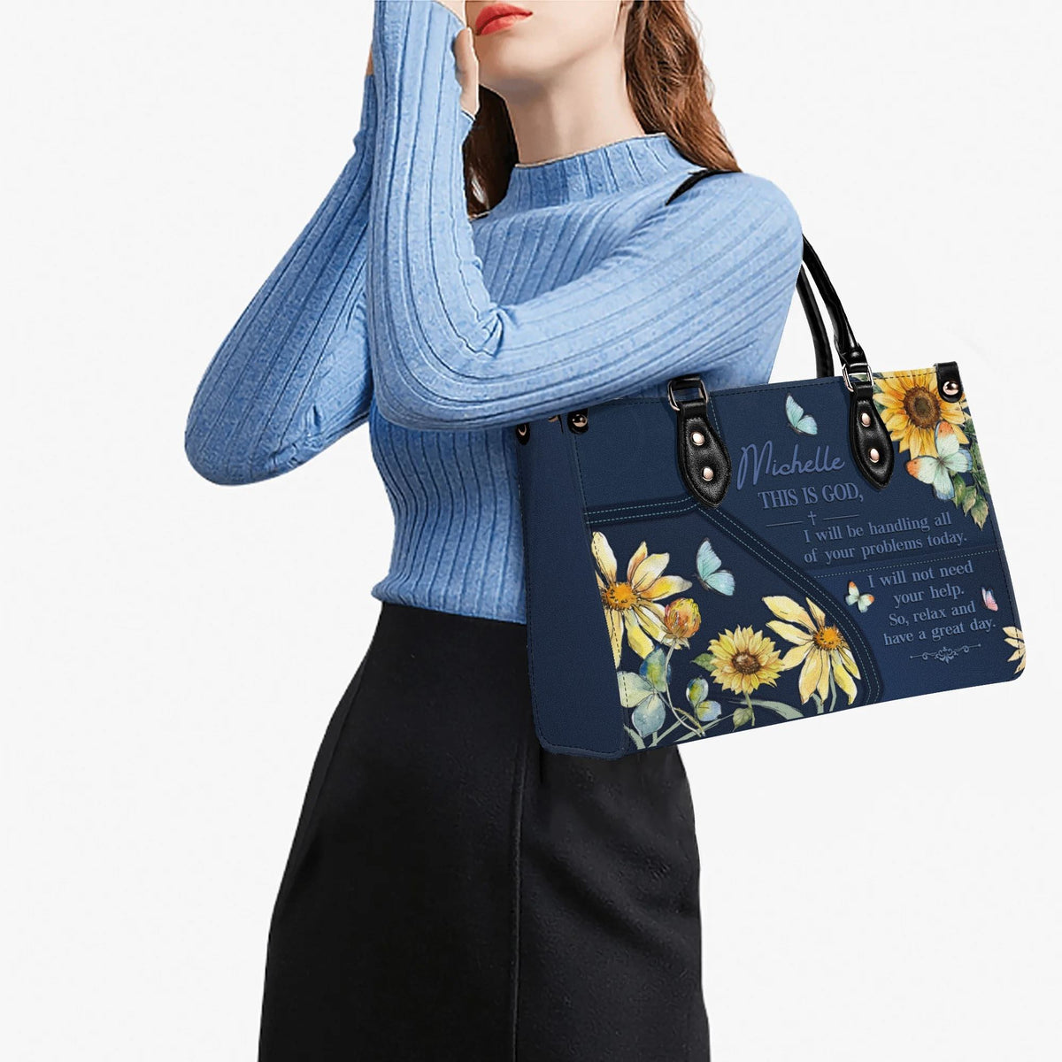 Personalized Floral Butterfly Christian Leather Handbag For Women - Religious Leather Bag For Women