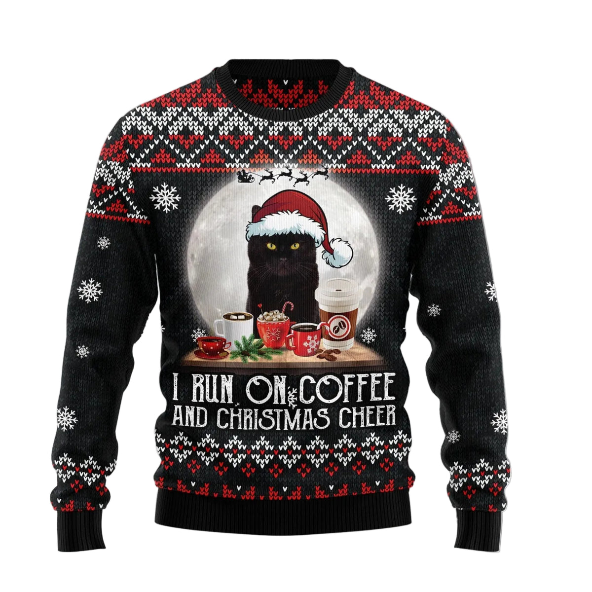 Black Cat Run on Coffee Ugly Christmas Sweater, Coffee Loving Cat Holiday Print, Seasonal Gift for Coffee and Cat Lovers