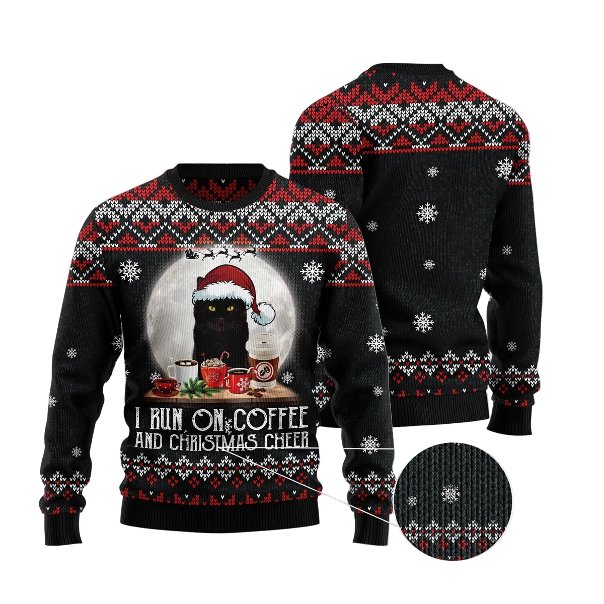 Black Cat Run on Coffee Ugly Christmas Sweater, Coffee Loving Cat Holiday Print, Seasonal Gift for Coffee and Cat Lovers