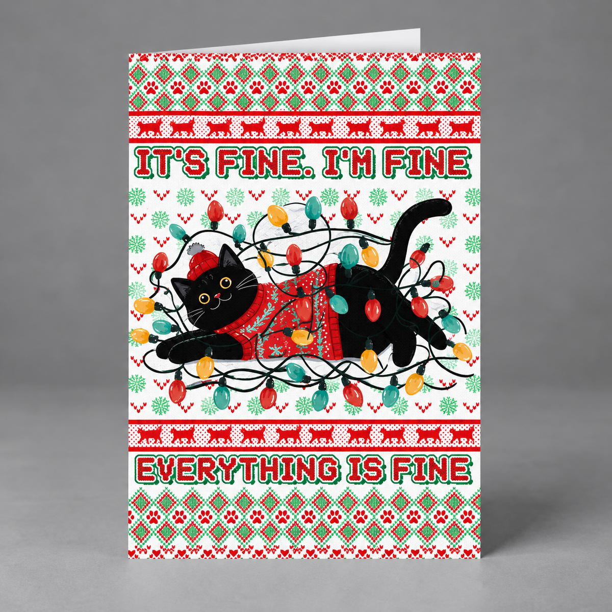 Black Cat Christmas Card with Envelope – Cute Feline Design and Whimsical Holiday Greeting for Animal Lovers