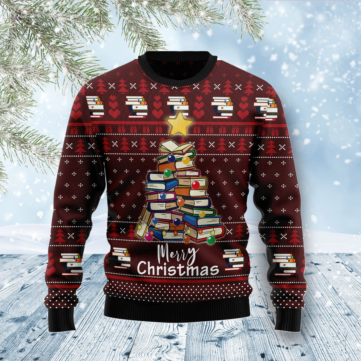 Book Pine Ugly Christmas Sweater | Holiday Party Wear for Men & Women | Plus Size Party Outfit for Book Lovers