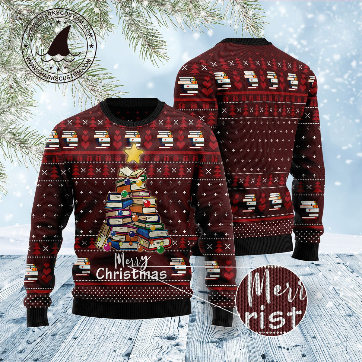 Book Pine Ugly Christmas Sweater | Holiday Party Wear for Men & Women | Plus Size Party Outfit for Book Lovers