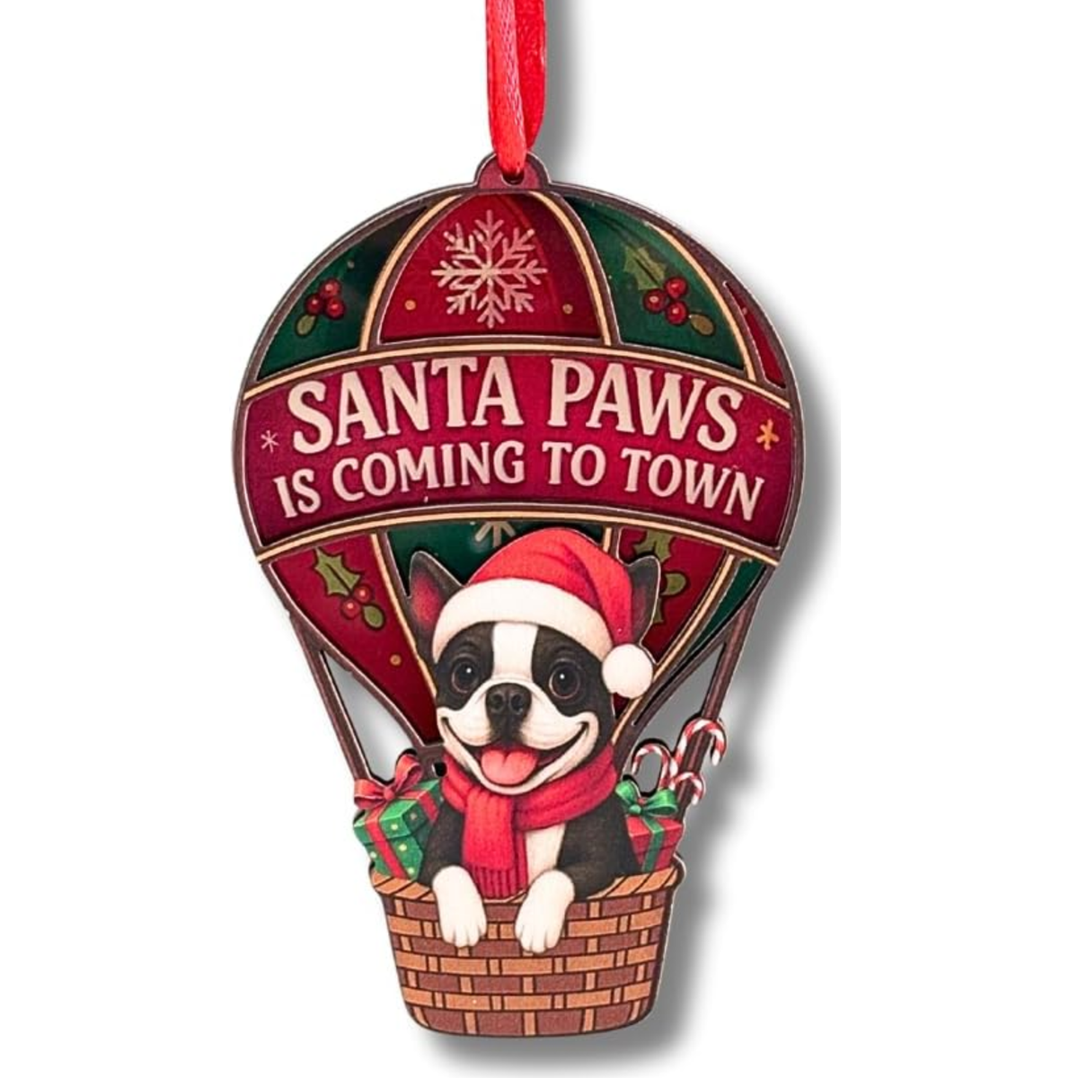 Boston Terrier Ornament, Funny and Adorable Boston Terrier Inspired Christmas Tree Decoration, Double Layer Wood and Acrylic Ornaments for Animal Lovers, Xmas Gifts for Pet Owners