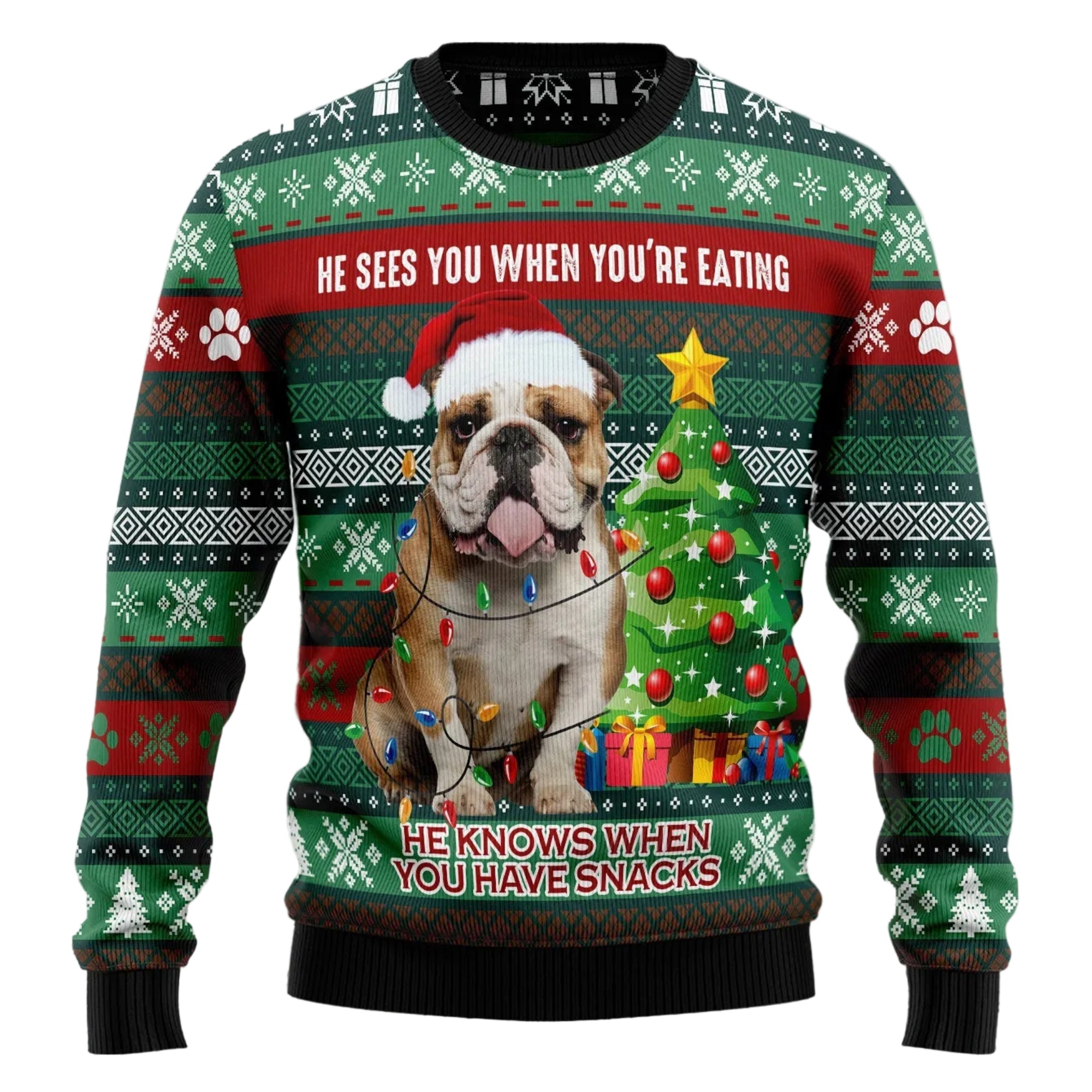 Bulldog Loves Snacks Ugly Christmas Sweater, Funny Bulldog Holiday Pullover, Christmas Outfit for Men and Women