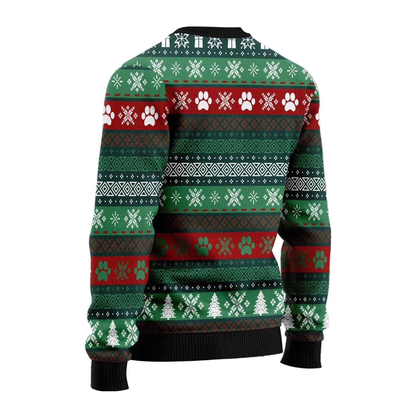 A Christmas-themed long-sleeve sweater with a festive green, red, and white pattern featuring snowflakes, paw prints, pine trees, and snowflake motifs, displayed against a snowy forest background.