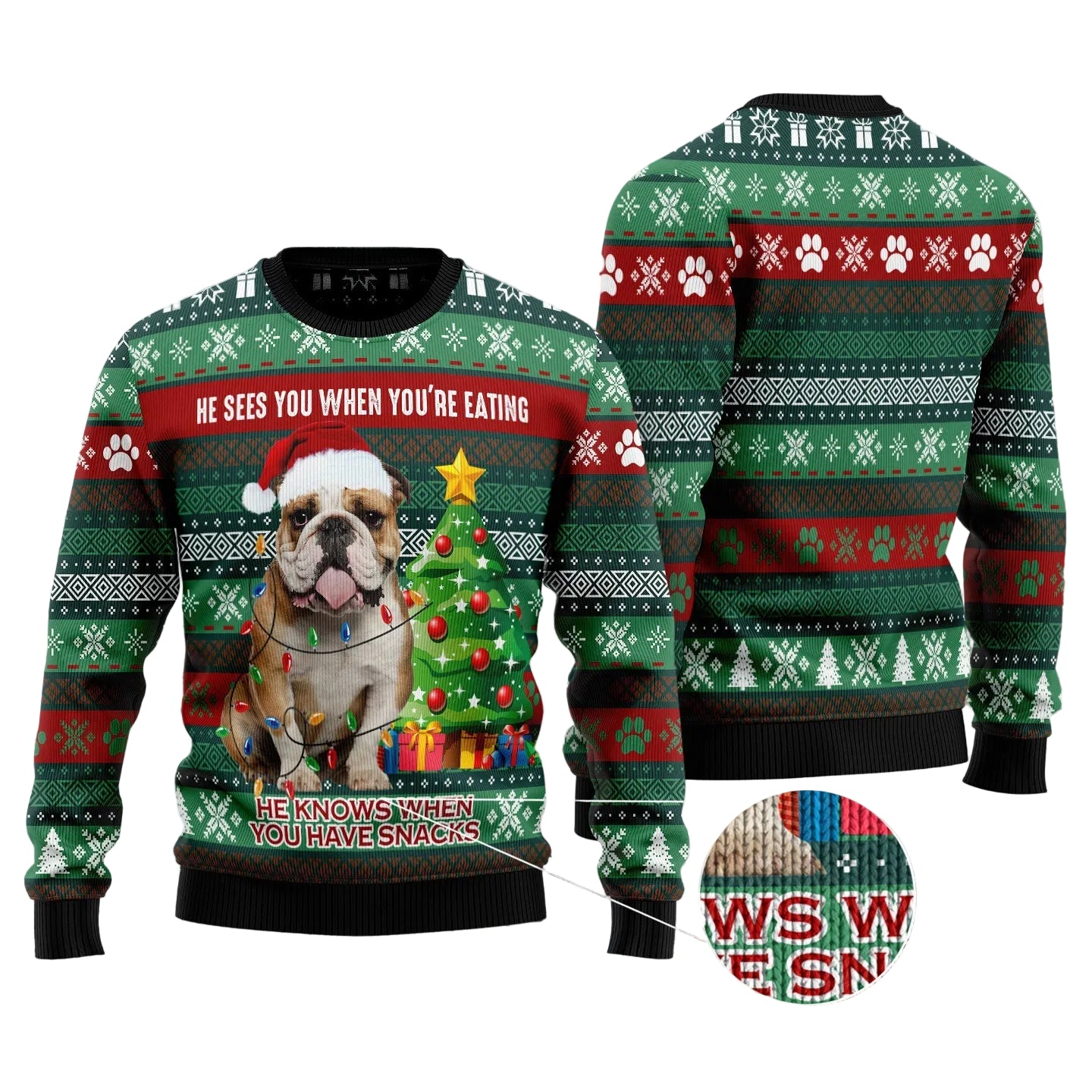 Bulldog Loves Snacks Ugly Christmas Sweater, Funny Bulldog Holiday Pullover, Christmas Outfit for Men and Women