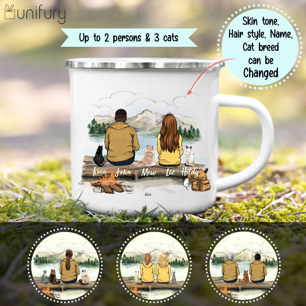 Personalized gifts for cat lovers Campfire Mug - CAT & COUPLE - Mountain - Hiking
