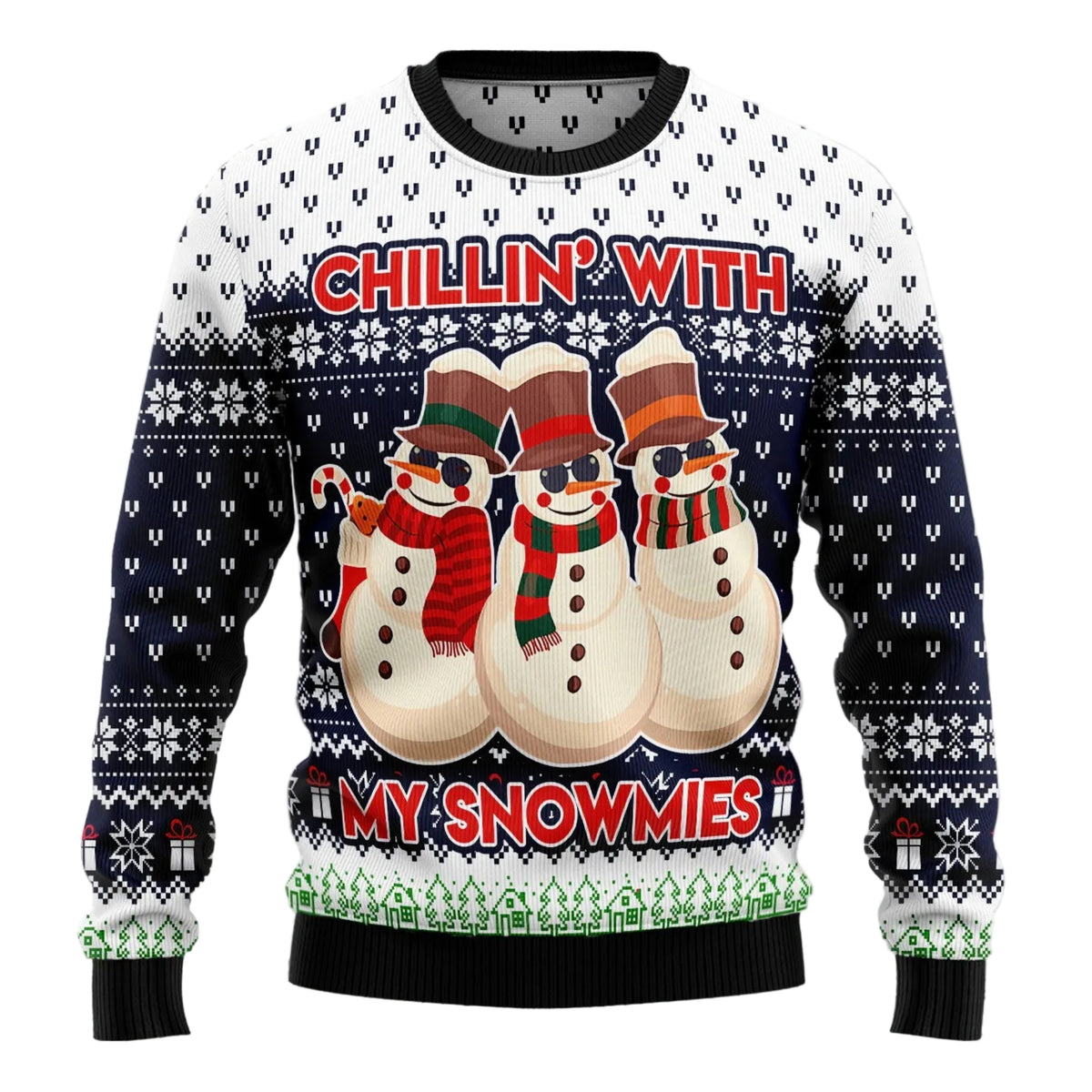 Chilling With My Snowmies Ugly Christmas Sweater, Funny Snowman Pullover for Friends, Fun Xmas Party Clothing
