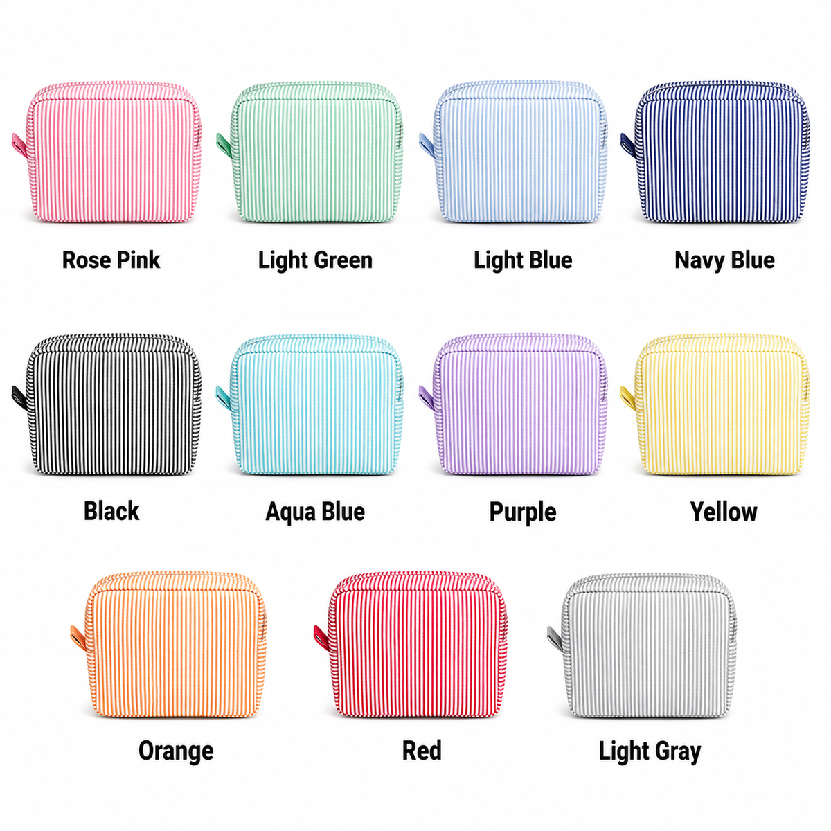 Personalized seersucker makeup bag color options including pink, green, blue, navy, black, purple, yellow and orange