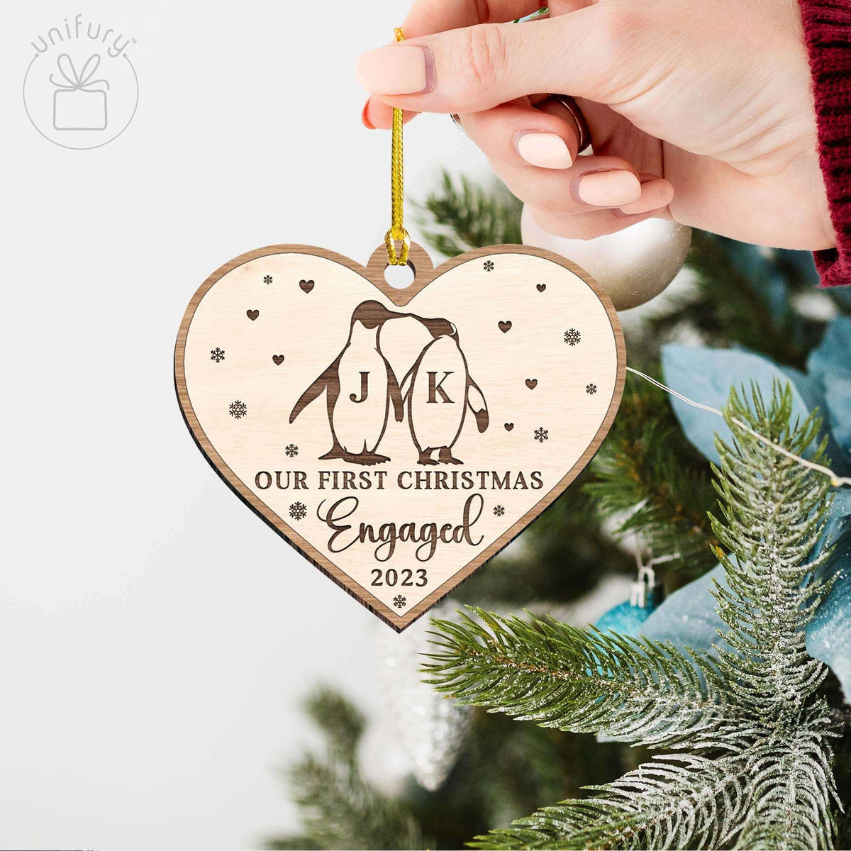 Personalized Engaged 1st Christmas Snowflake Wooden Ornament