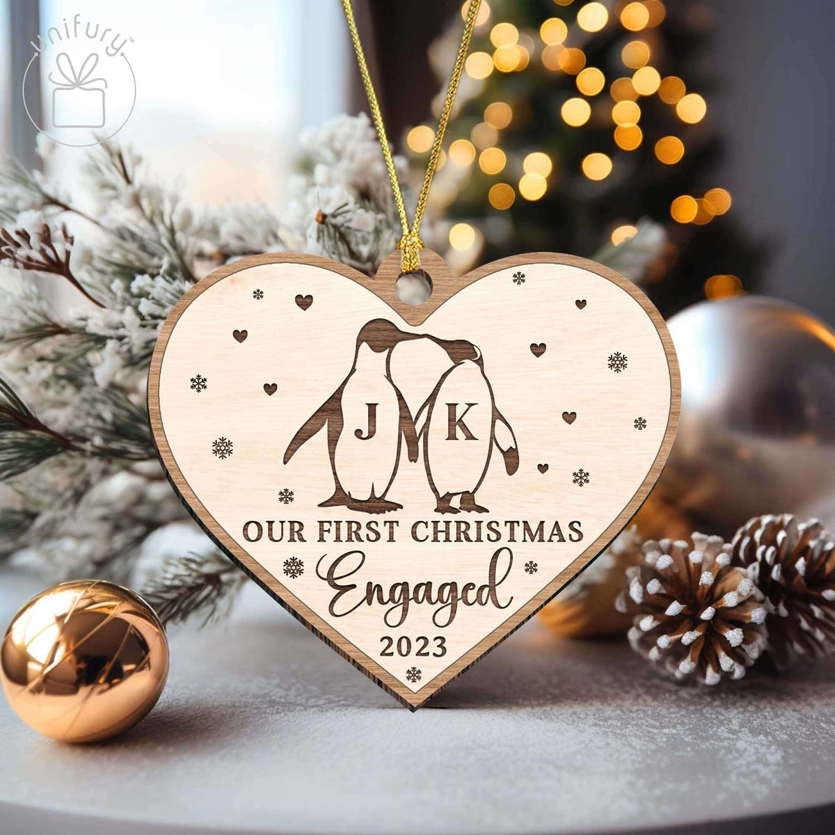 Personalized Engaged 1st Christmas Snowflake Wooden Ornament