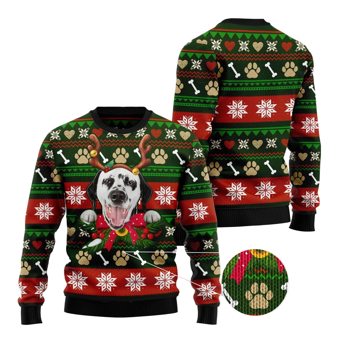 A Christmas-themed long-sleeve sweater shown from the front and back, featuring a Dalmatian dog graphic with reindeer antlers and a red bow, alongside festive green, red, and white holiday patterns including snowflakes, paw prints, hearts, and bones. A circular Sharkscustom.
