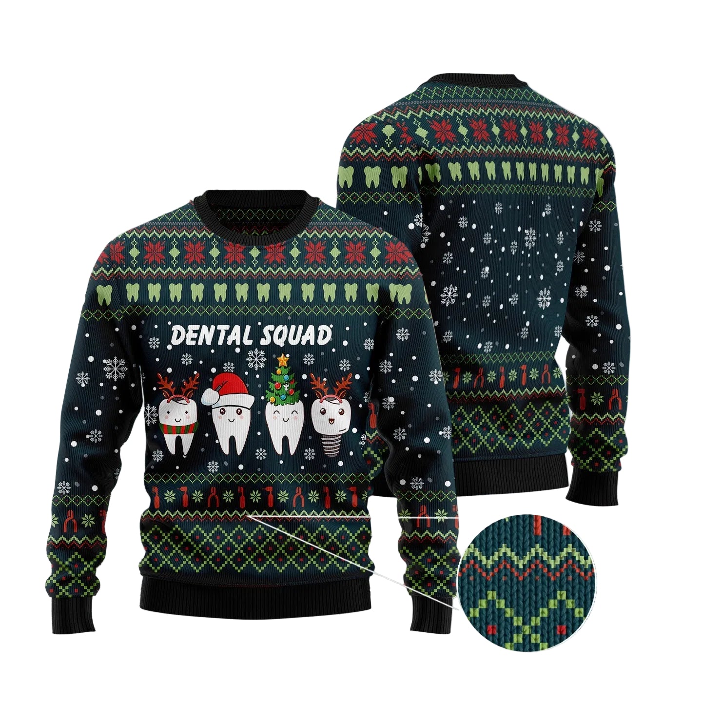 A Christmas-themed crewneck sweater shown from the front and back, featuring a dark navy base with festive red, green, and white holiday patterns, white snowflakes, and a cartoon 'DENTAL SQUAD' graphic with four teeth characters. The image is set on a snowy wooden floor with pine branches and a circular brand logo overlay in the top left.