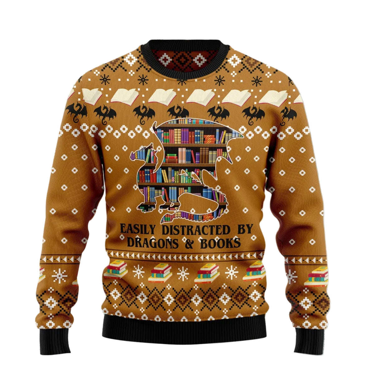 Dragon and Book Ugly Christmas Sweater, Fantasy Reader Holiday Party Outfit and Christmas Gift for Book Lovers