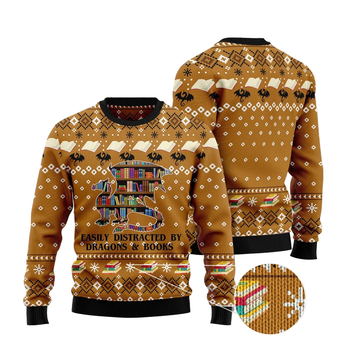 Dragon and Book Ugly Christmas Sweater, Fantasy Reader Holiday Party Outfit and Christmas Gift for Book Lovers