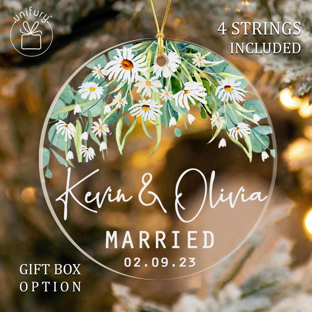First Christmas Married Eucalyptus, Olive &amp; Jasmine Custom Acrylic Ornament