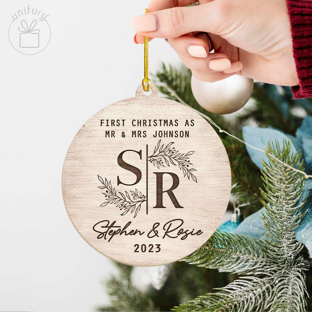 Newly Married Christmas Wedding Leaves Custom Wooden Ornament