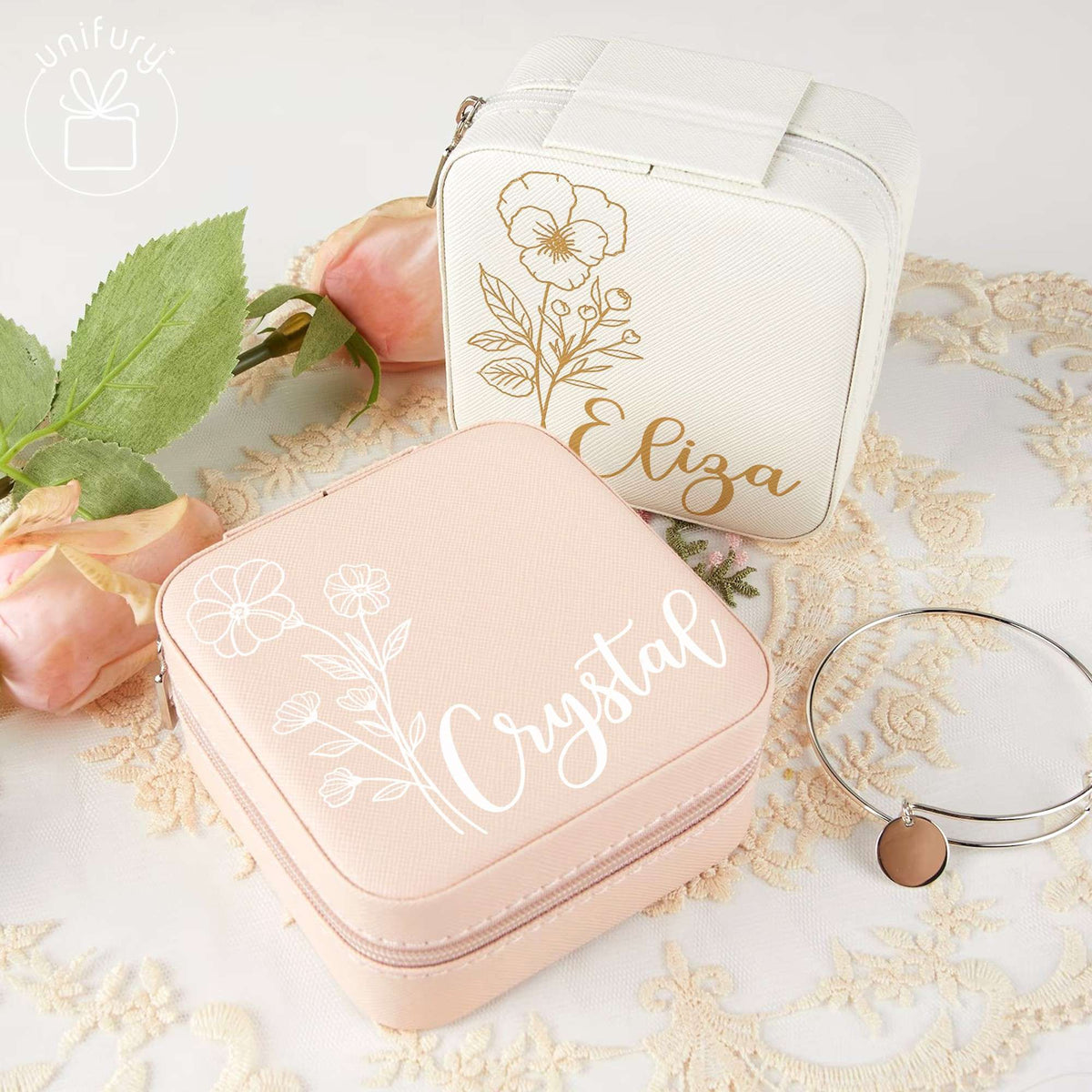 Birth Month Flowers Personalized Wedding Leather Jewelry Case For Bridesmaid Proposal