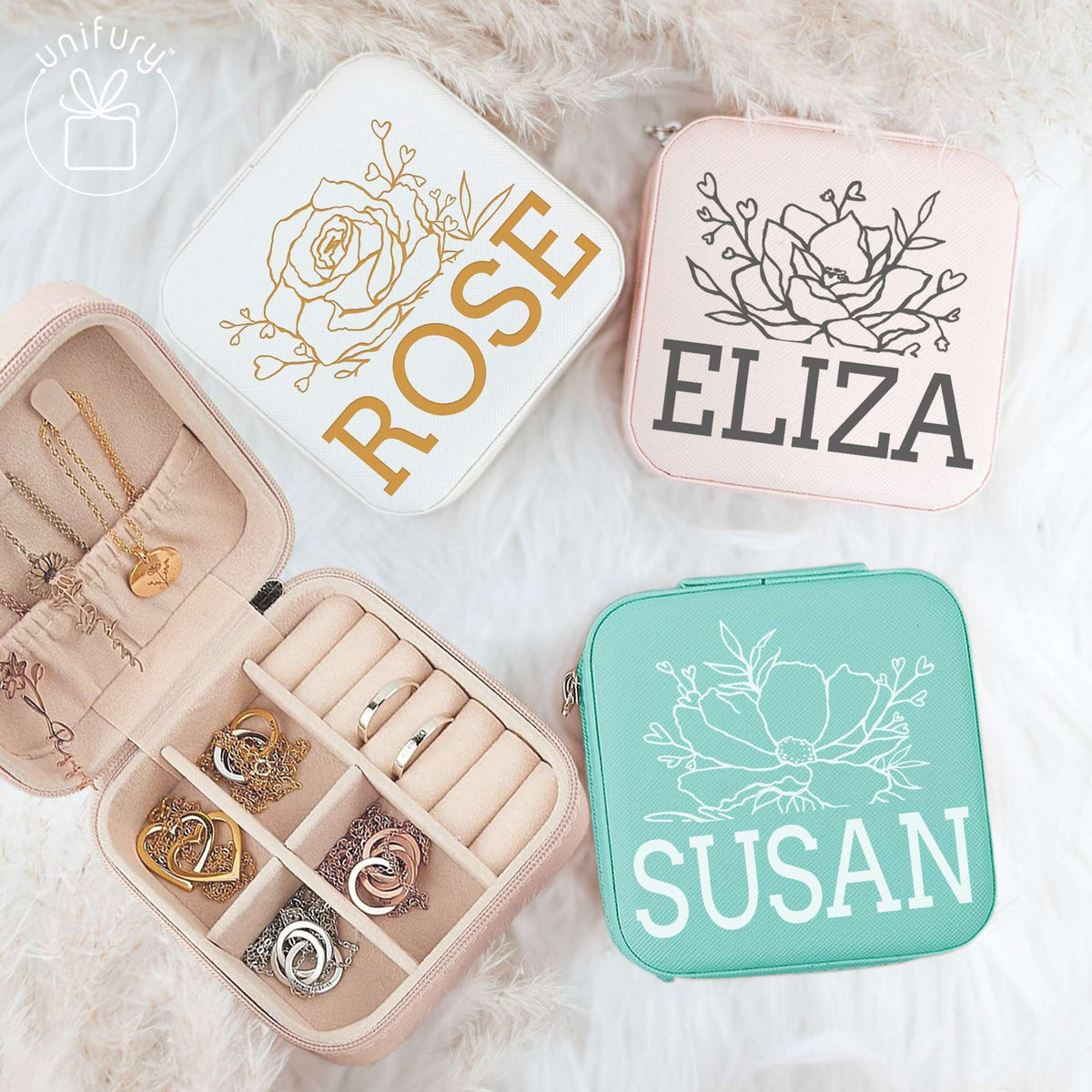 Flower Style Personalized Wedding Leather Custom Name Jewelry Case