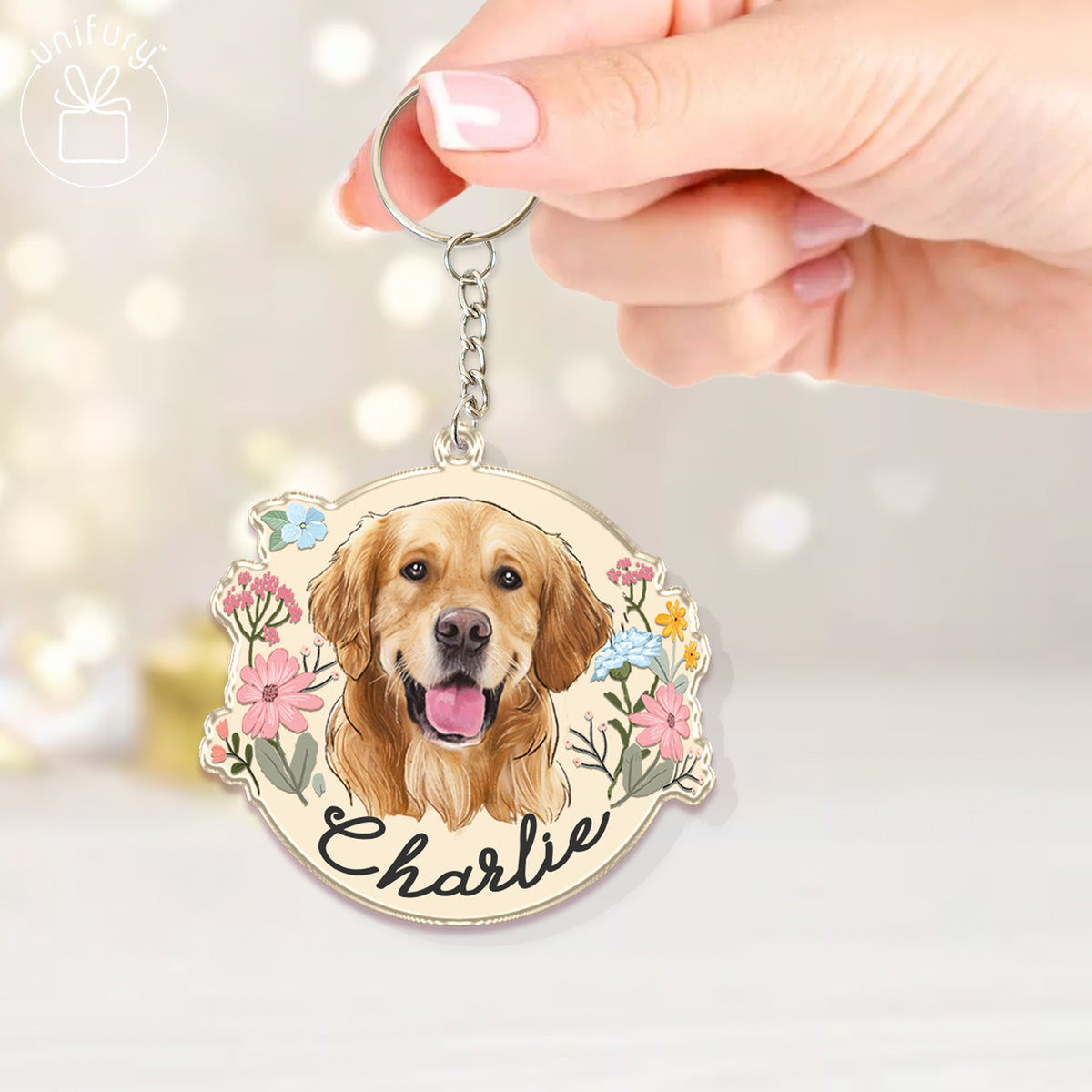 Dog Portrait Flower Custom Shape Acrylic Keychain