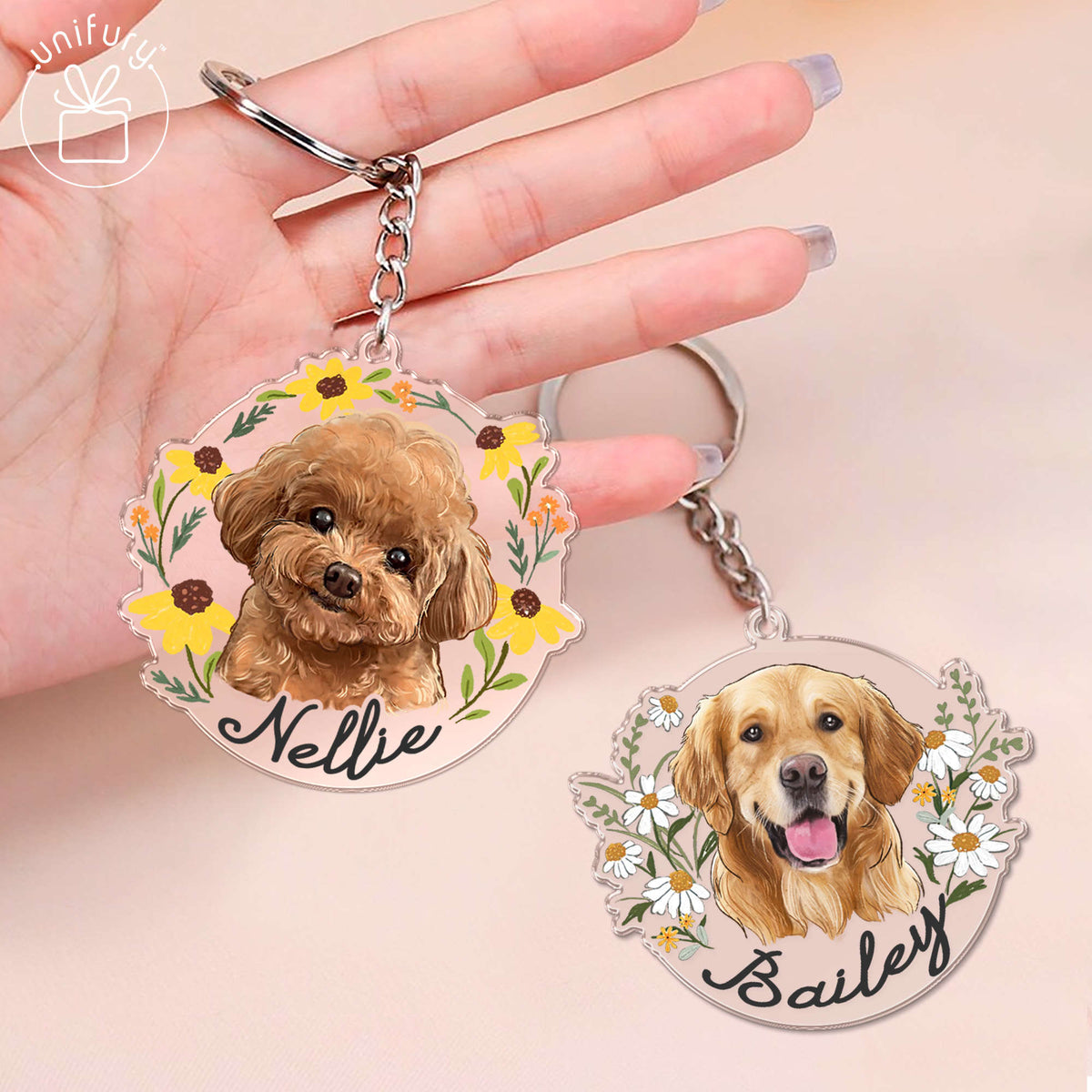 Dog Portrait Flower Transparent Acrylic Keychain