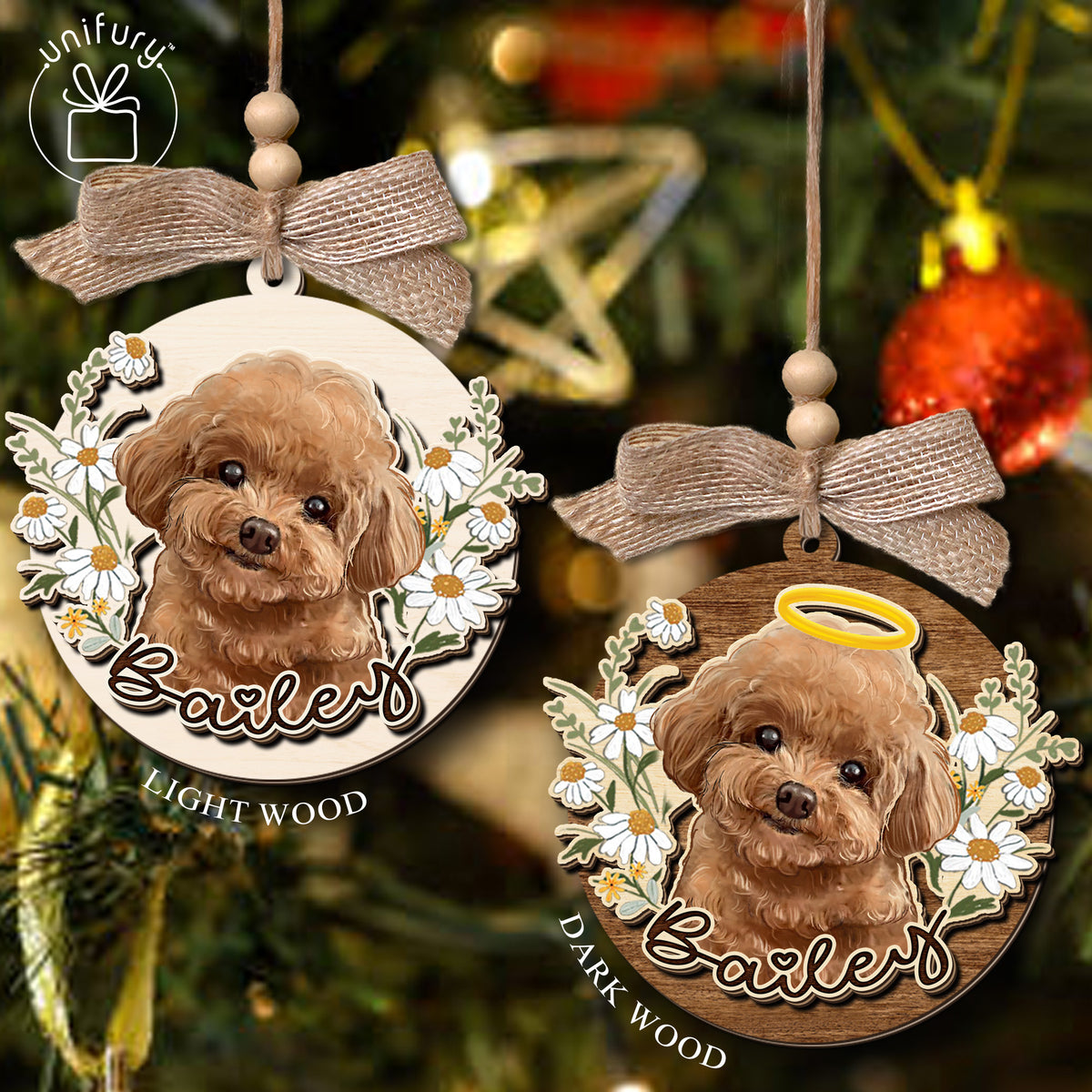 Custom Pet Flower Portrait Wooden Ornament - Gifts For Christmas, Dog Cat Lovers