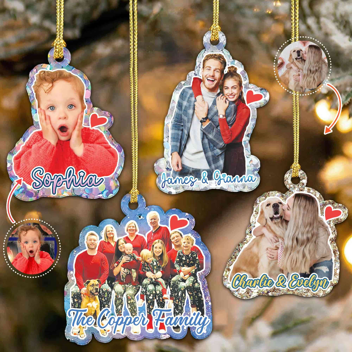 Personalized Family Photo Christmas Ornament, Christmas Gift for Daughter Son Mom Dad Couples, Picture Air Freshener, Faux Glitter