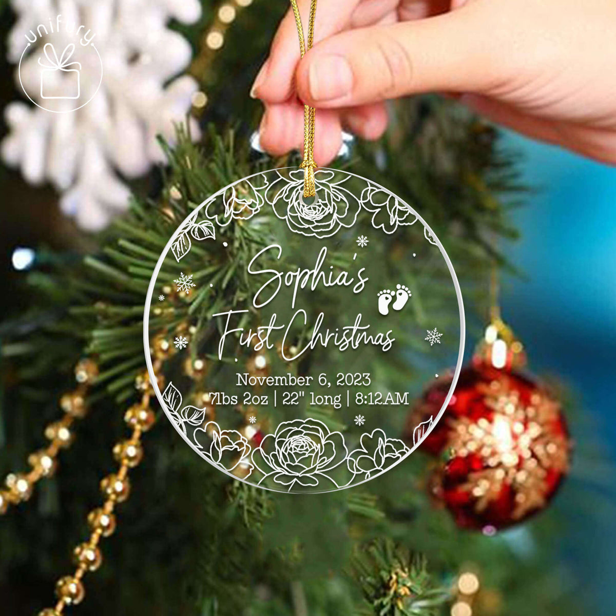 Floral Minimal First Baby Christmas Acrylic Ornament