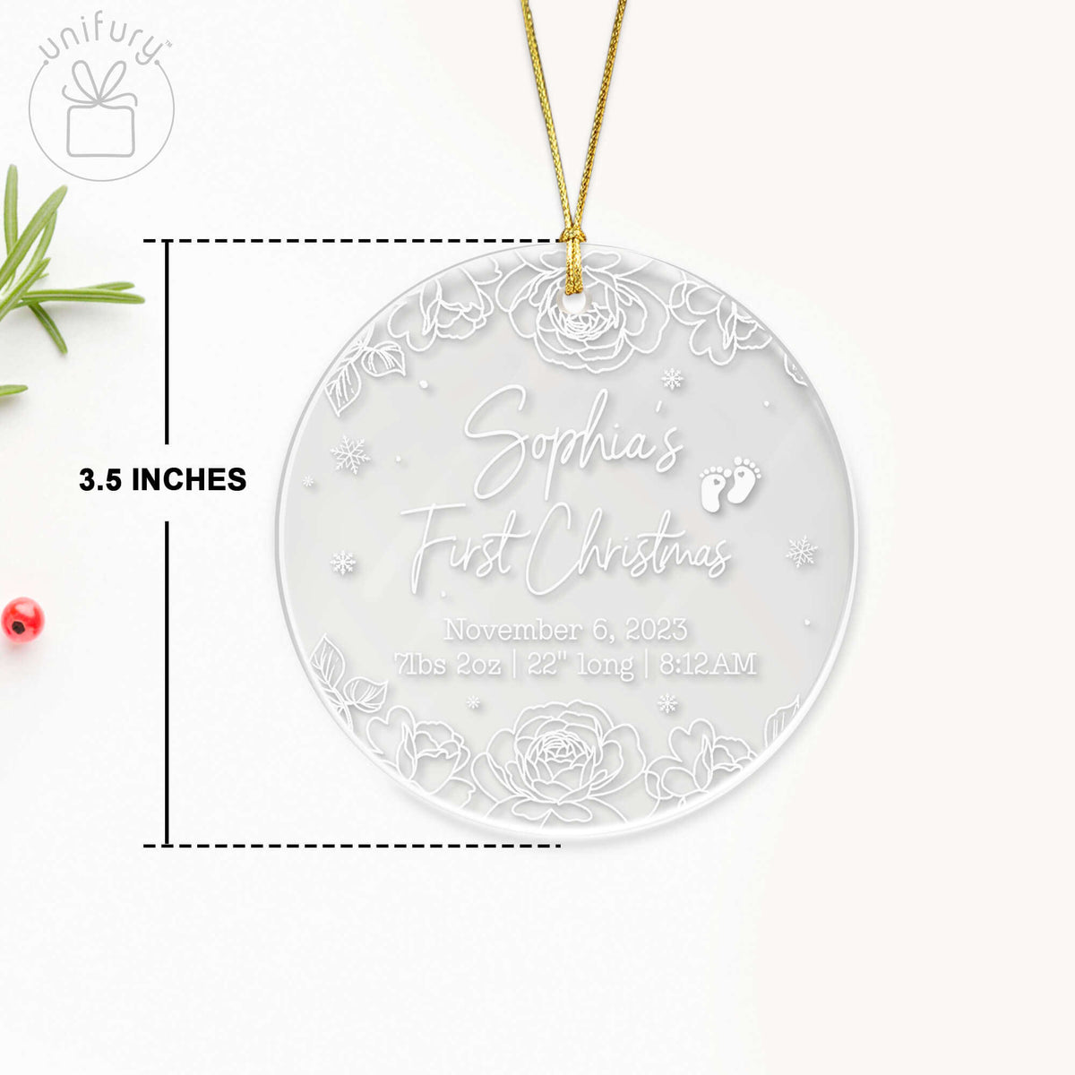 Floral Minimal First Baby Christmas Acrylic Ornament
