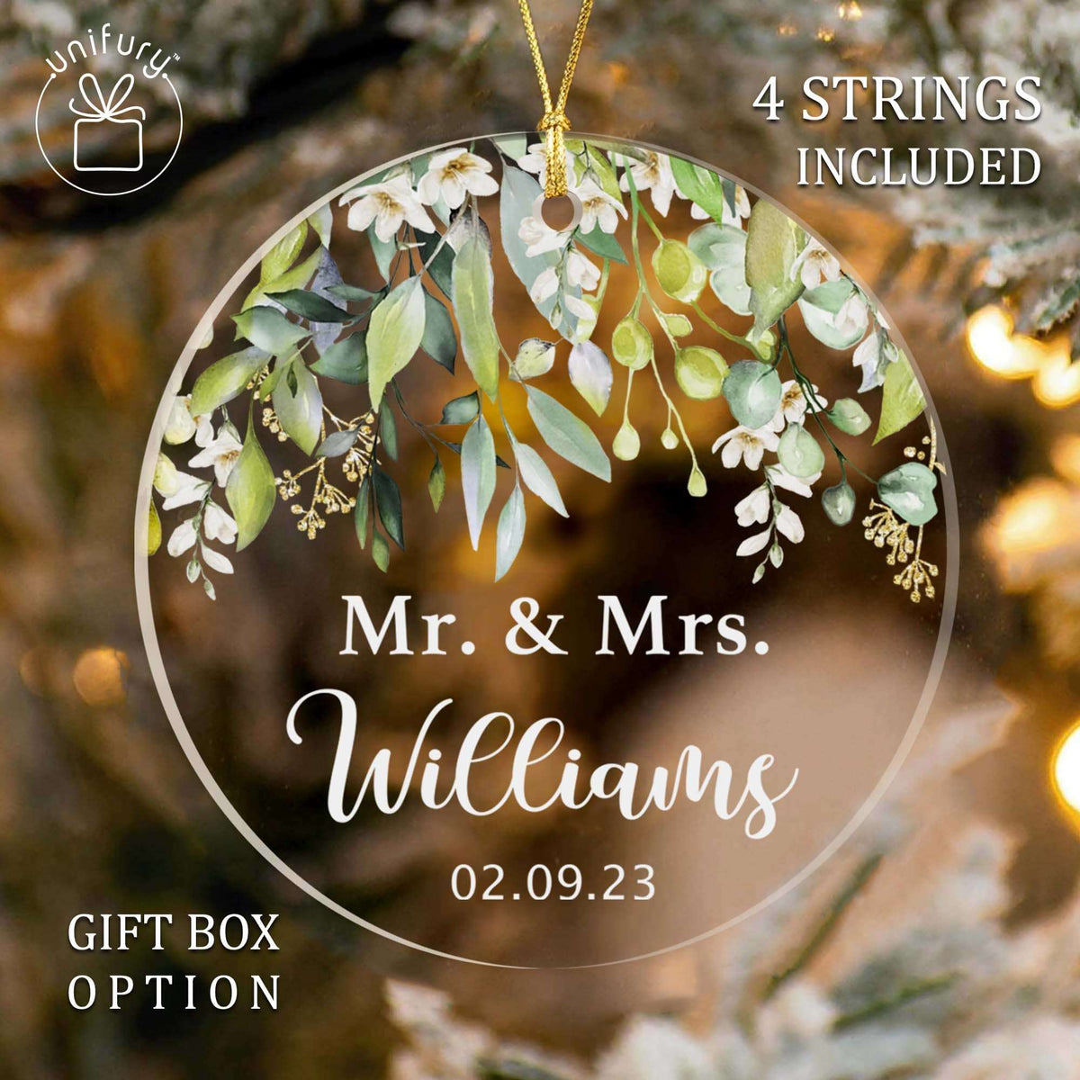 Unique Married Acrylic Ornament - Eucalyptus Greenery