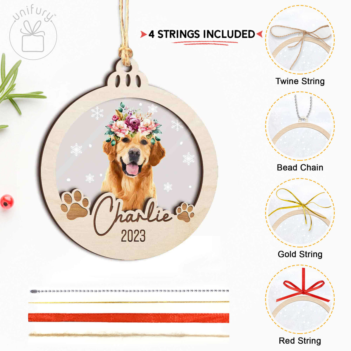 Dog Flower Crown Pet First Christmas Acrylic and Wood Ornament