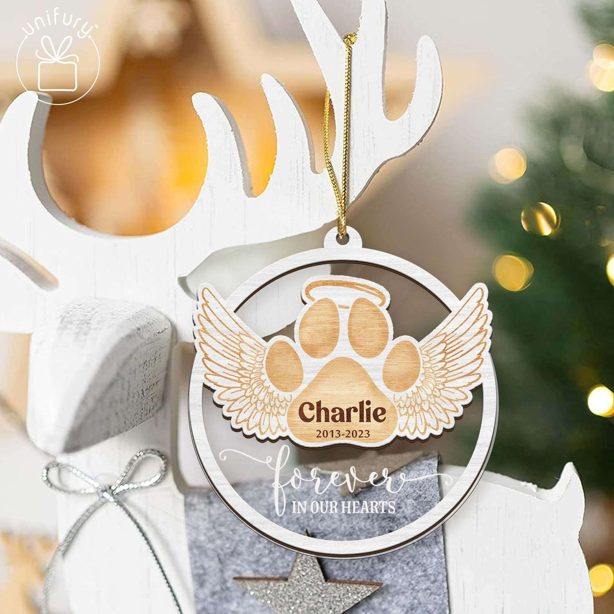 Custom Forever In Our Hearts Pet Memorial Dog Custom Shape Acrylic and Wood Ornaments