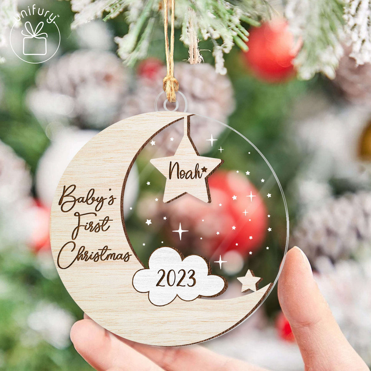 Customized First Baby Christmas Moon And Star Wood and Acrylic Ornament