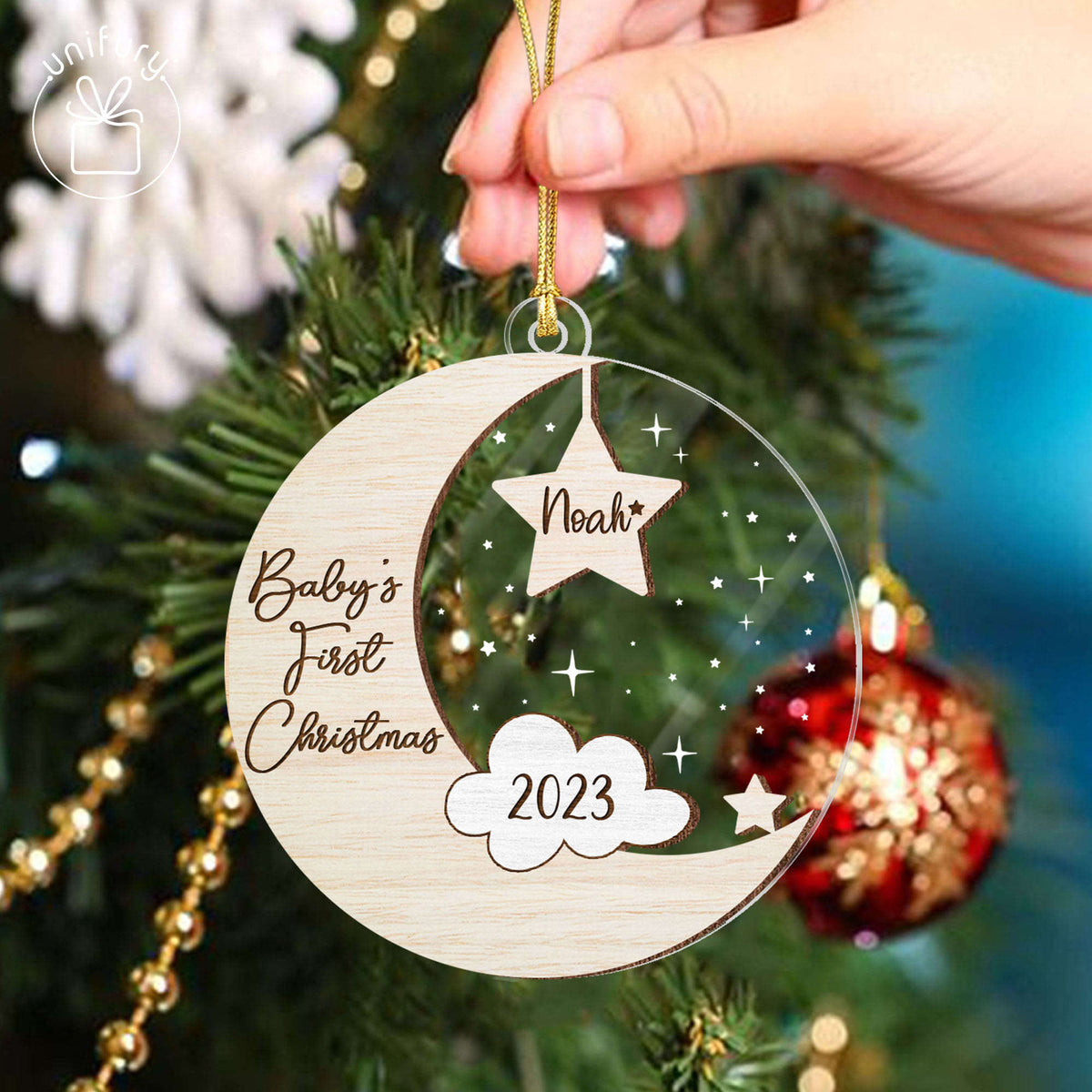 Customized First Baby Christmas Moon And Star Wood and Acrylic Ornament