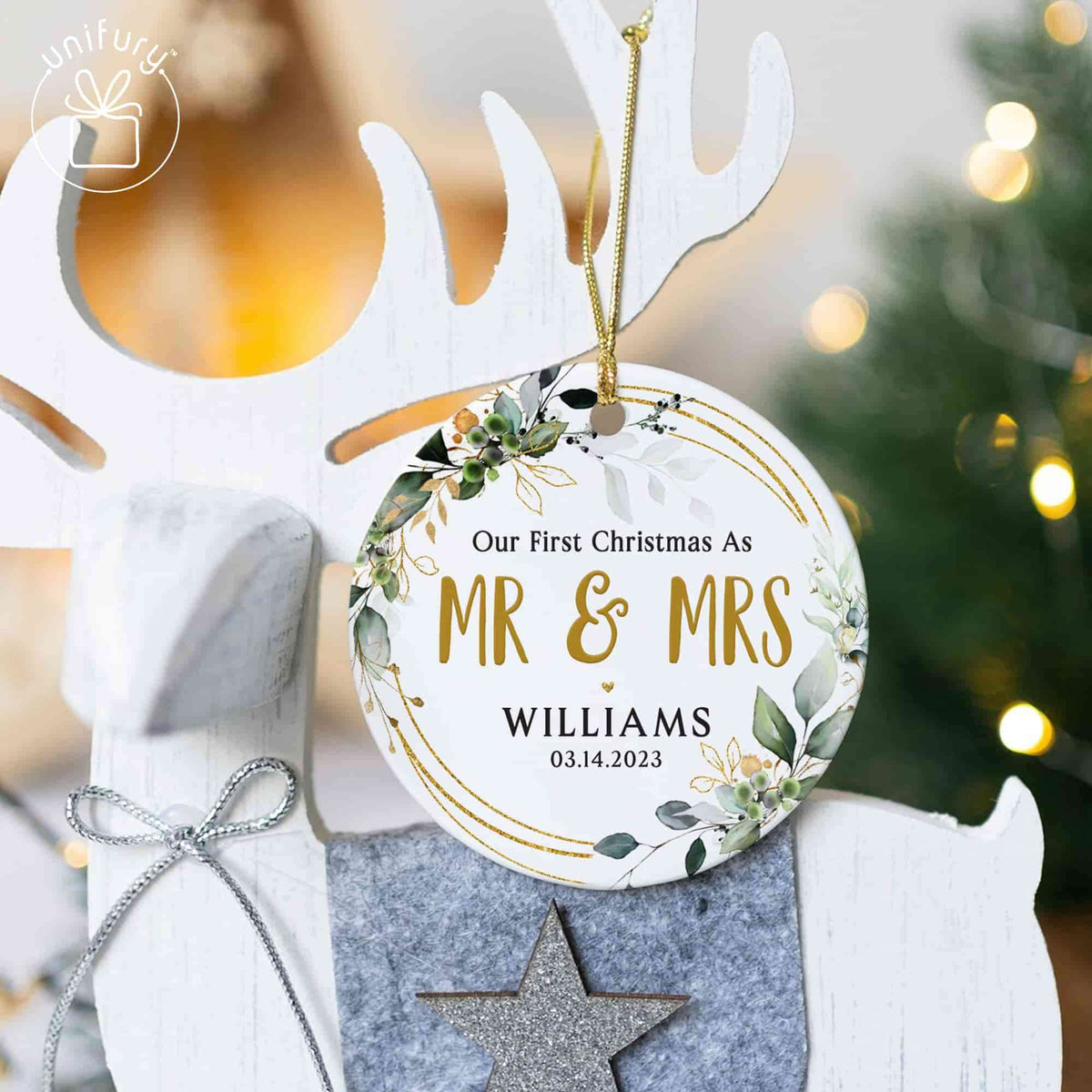 Personalized Married Wedding Leaves Ceramic Christmas Ornament