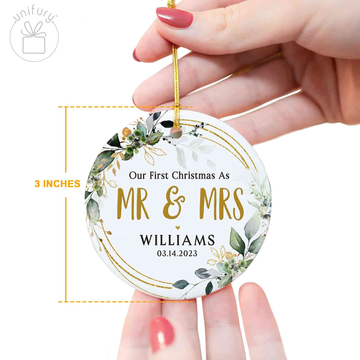 Personalized Married Wedding Leaves Ceramic Christmas Ornament