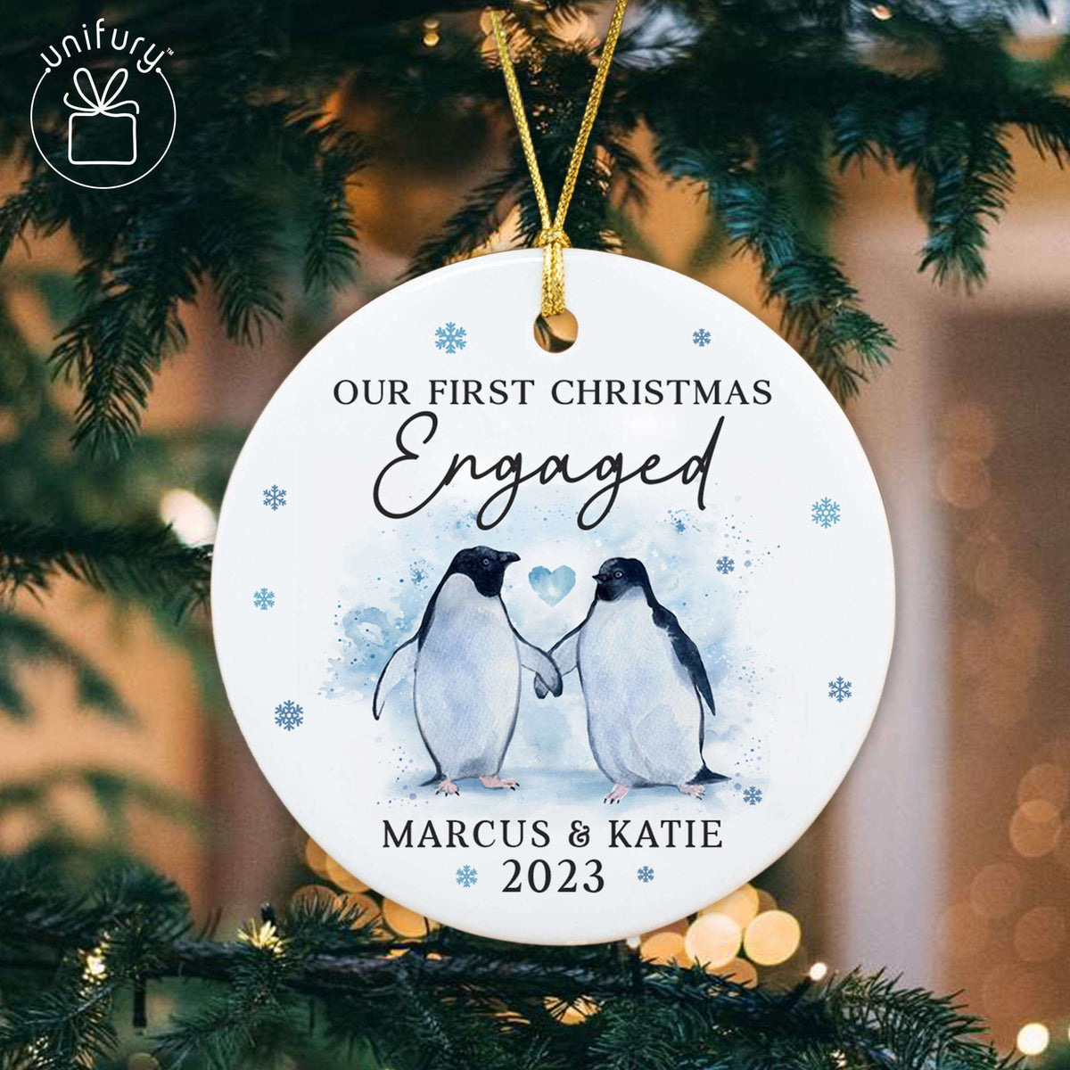 Our First Christmas Engaged Penguin Ceramic Circle Orament