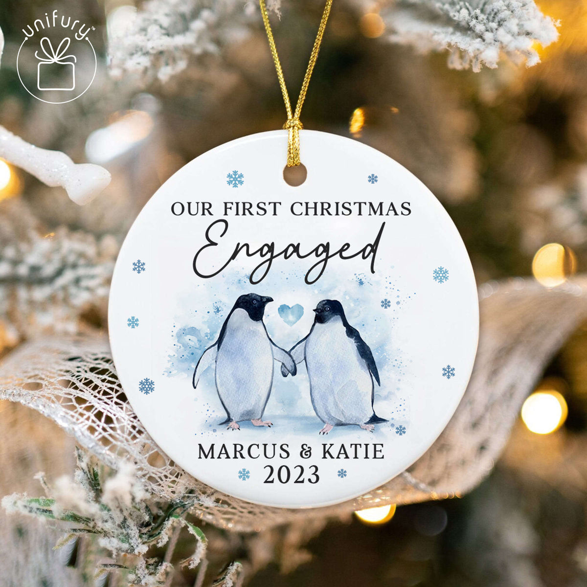 Our First Christmas Engaged Penguin Ceramic Circle Orament