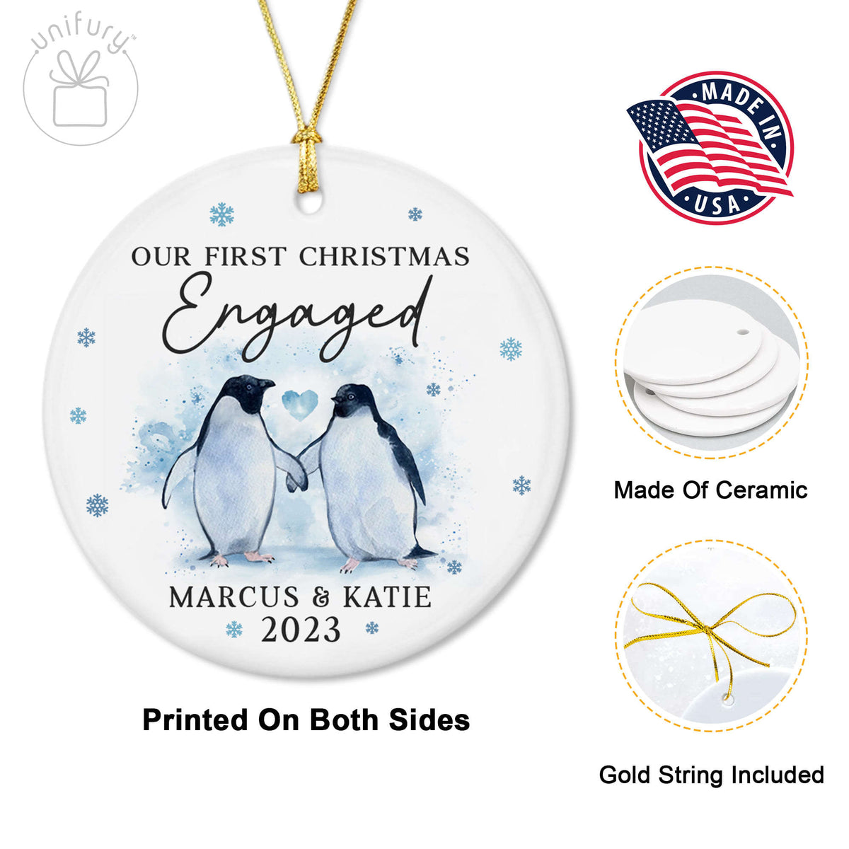 Our First Christmas Engaged Penguin Ceramic Circle Orament
