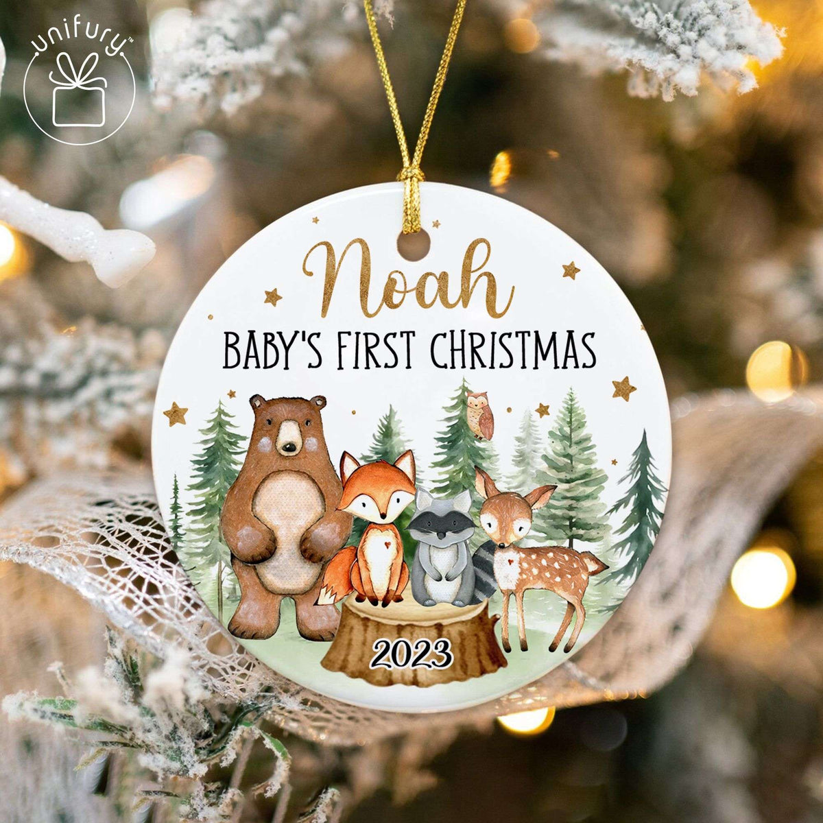 Woodland Animal &amp; Star First Baby Christmas Ceramic Circle