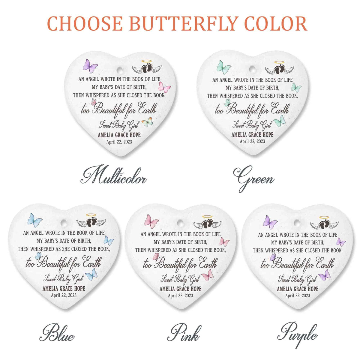 Too Beautiful For Earth Butterfly Memorial Ceramic Heart Ornaments