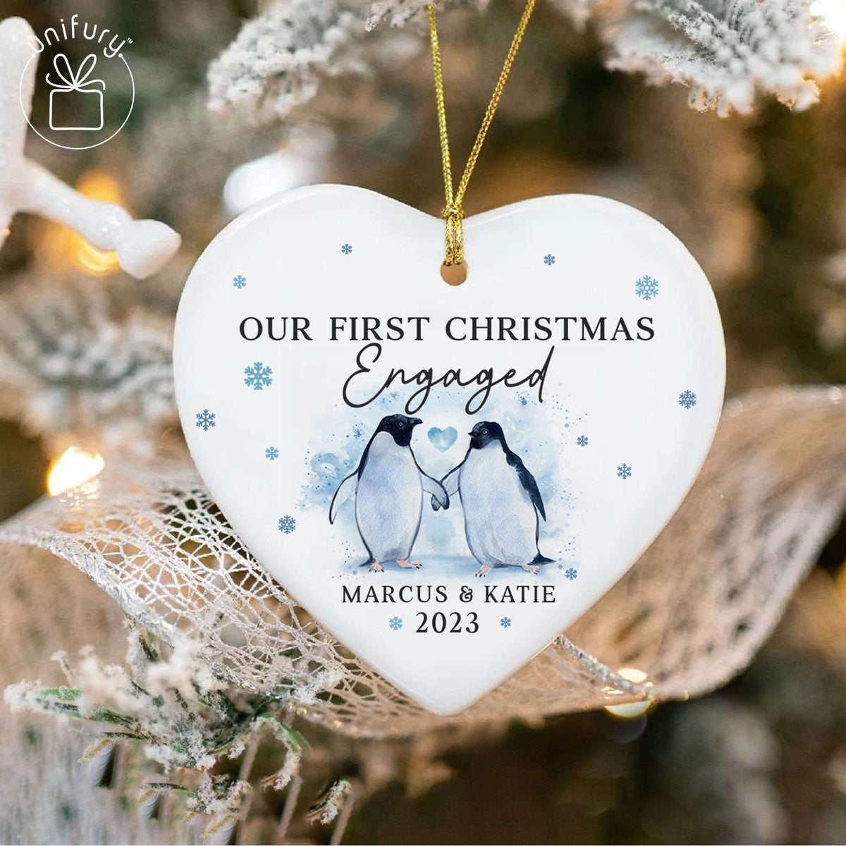 Our First Christmas Engaged Penguin Ceramic Heart Orament