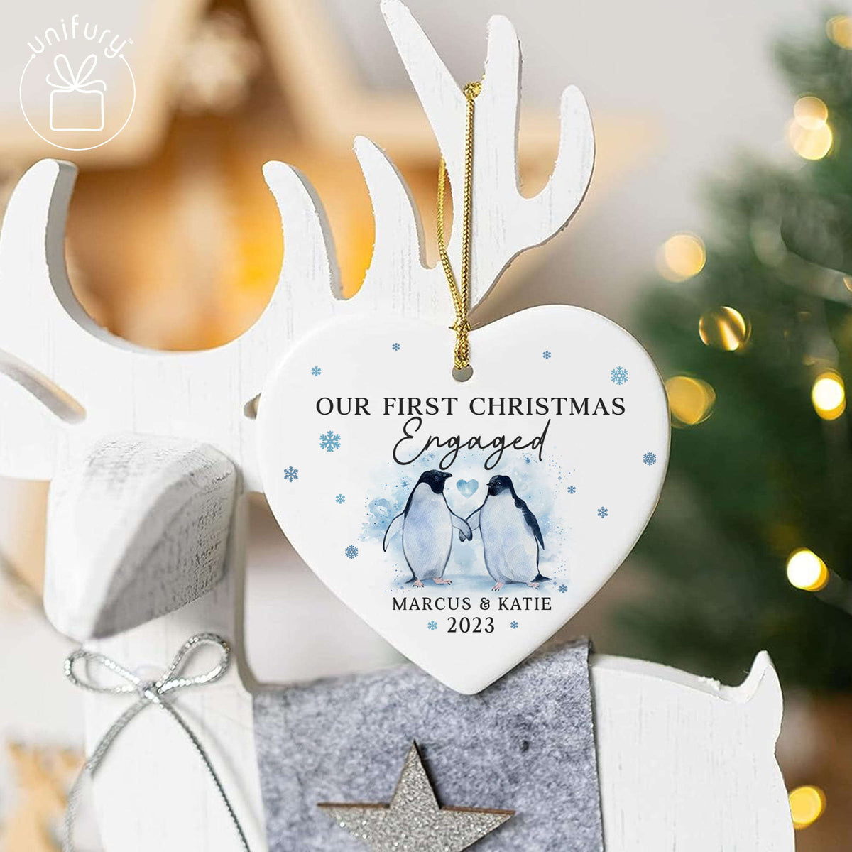 Our First Christmas Engaged Penguin Ceramic Heart Orament