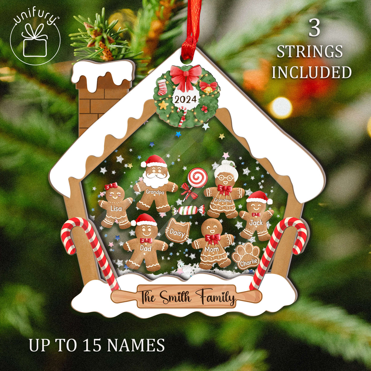 Gingerbread House Family With Pet 4D Shaker Ornament