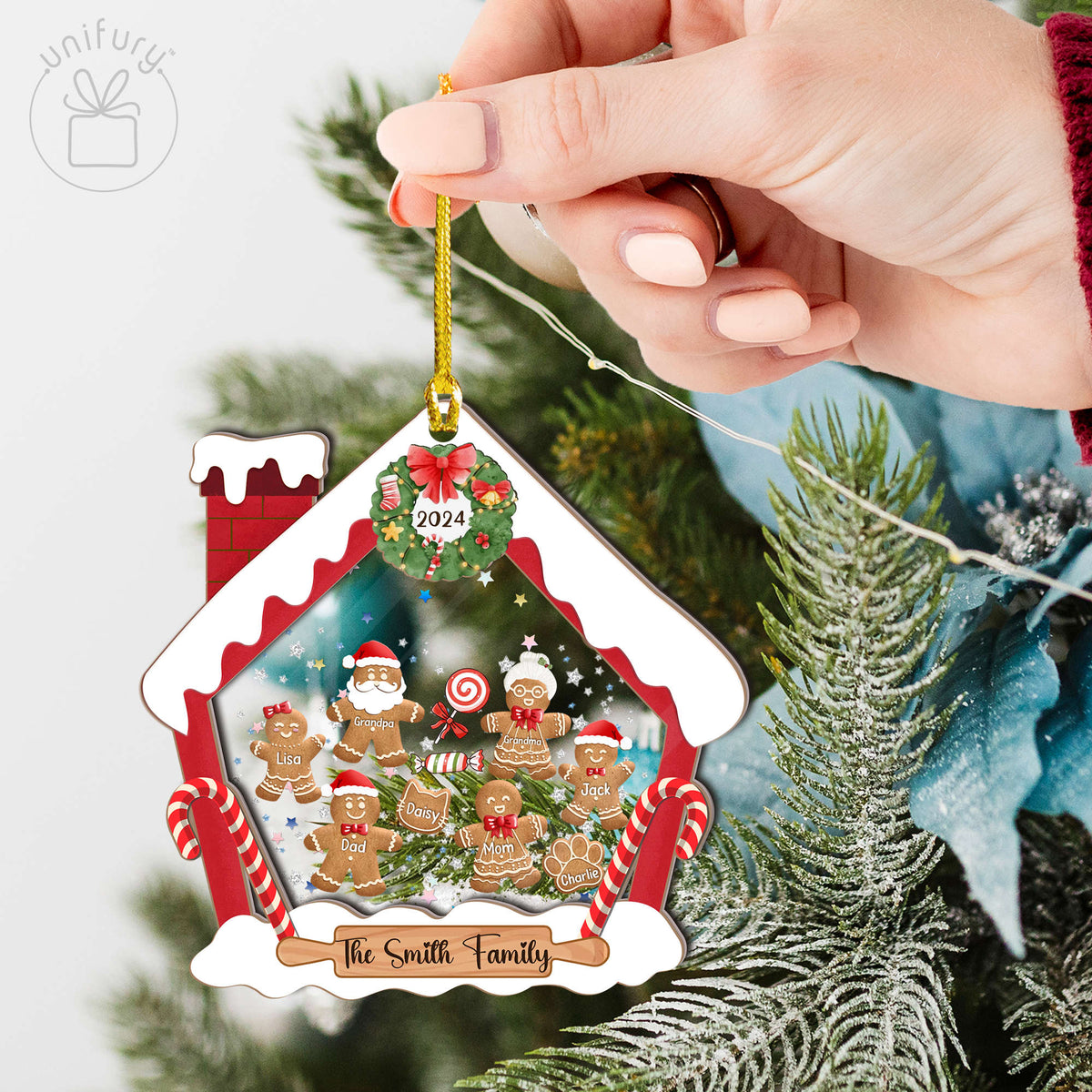 Gingerbread House Family With Pet 4D Shaker Ornament